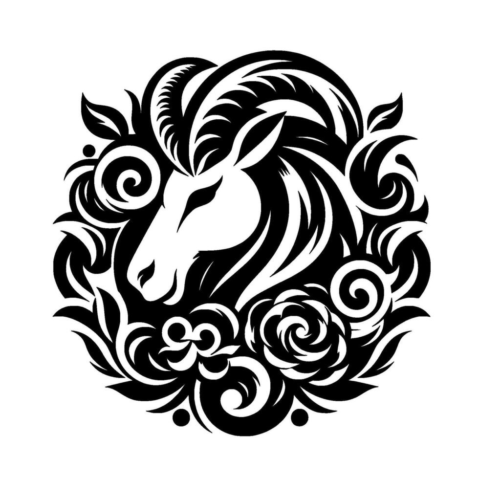 An elegant, symmetrical blackandwhite illustration featuring a stylized rams head encircled by swirling floral and foliage elements, a symbol of strength and natural beauty. vector