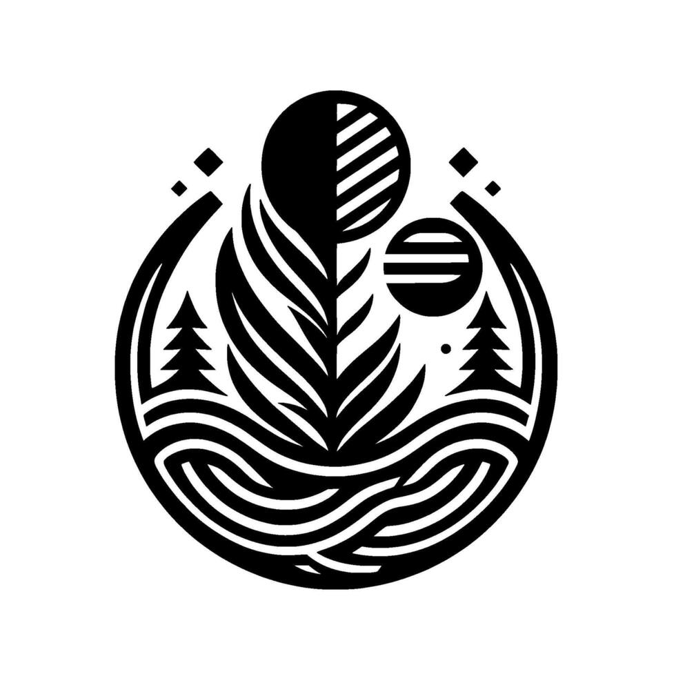 Black White Geometric Nature Circle Frame with Central Plant, Trees, Sun Water Elements, Minimalist vector