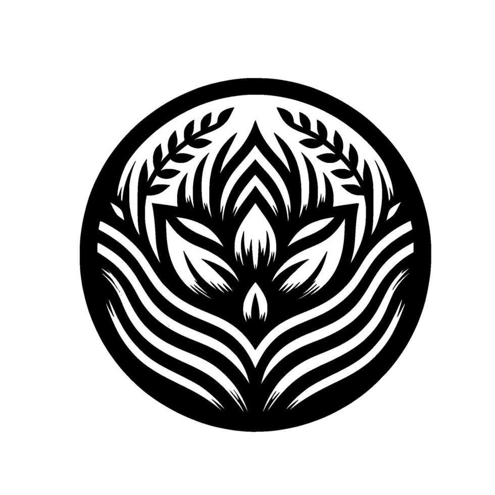 Elegant Black and White Circular Floral with Leafy Accents, Geometric Lines, Botanical Symmetry, and Organic Minimalism. vector