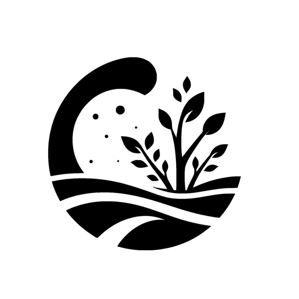 Abstract black and white illustration of a flourishing plant within a stylized landscape, featuring wavelike elements and celestial dots, conveying growth and nature. vector