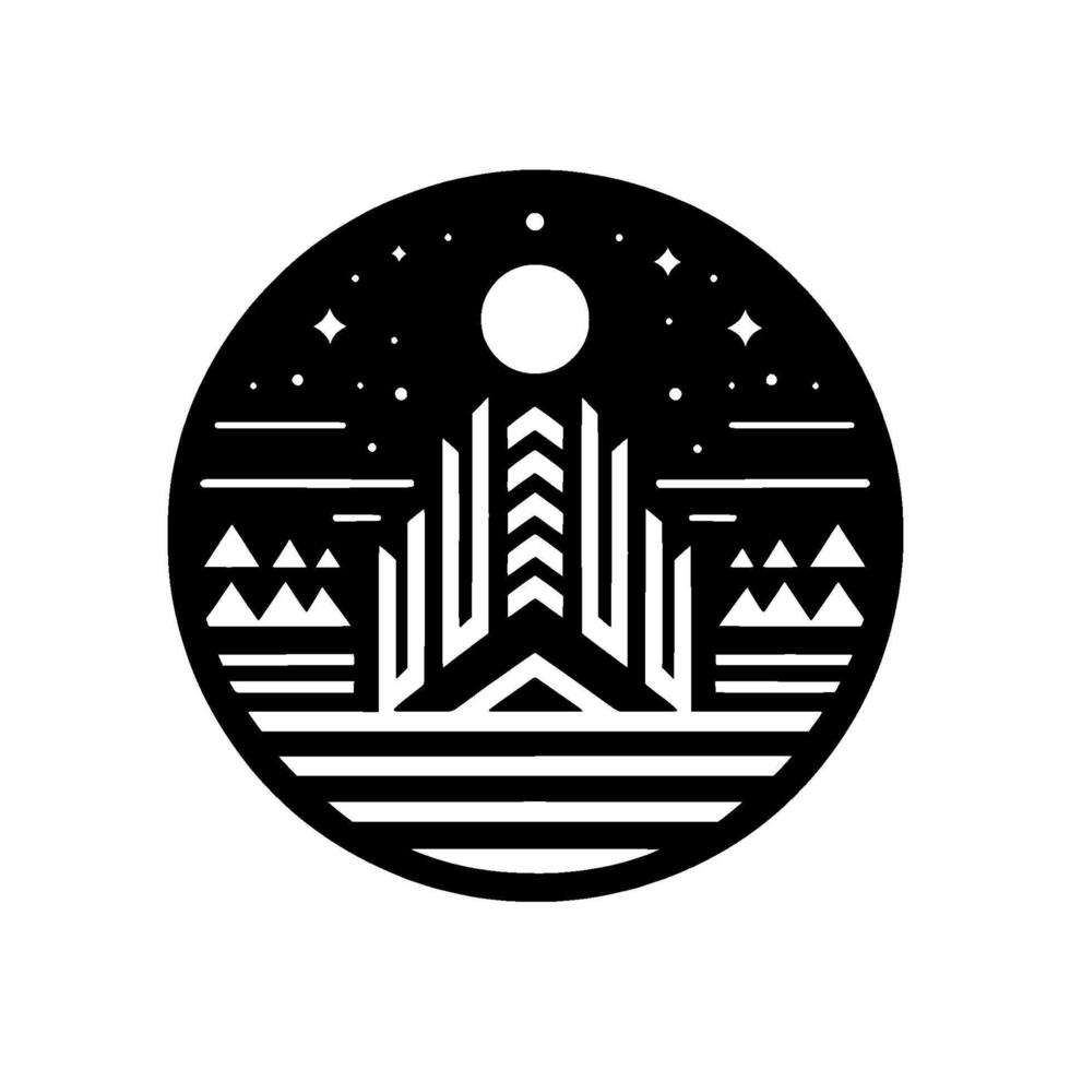 Abstract black and white circular featuring an art deco stylized cityscape under a starry night sky with a full moon, mountain motif. vector