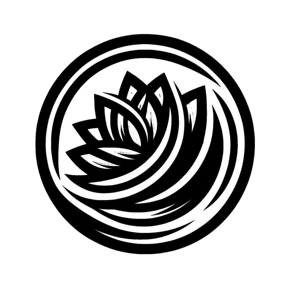Black and white stylized floral emblem within a circular border, showcasing layered petals and curving lines, creating a modern, minimalist . vector