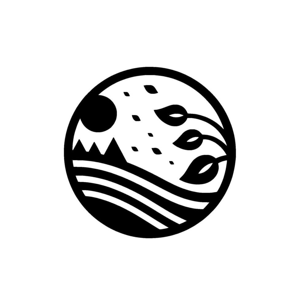 Black and White Circle Depicting Mountain, Sun, Water, and Leaves, Modern Minimalist , Nature Inspired. vector