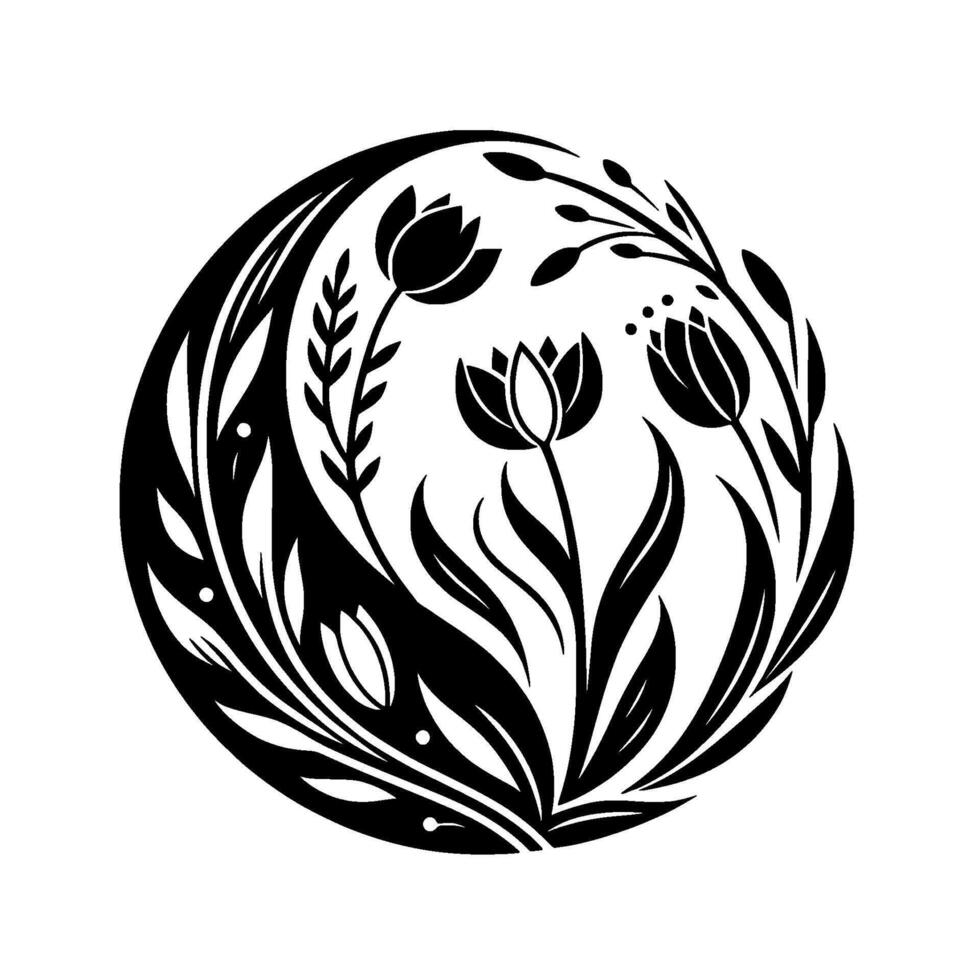 Elegant Black and White Circular Floral Arrangement with Stylized Tulips, Leaves, and Branches, Presented on a Clean White Backdrop. vector