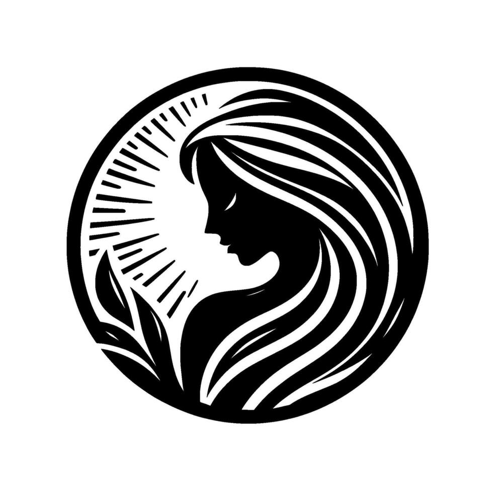 Silhouette of a woman in profile with flowing hair, within a circle surrounded by stylized light rays and leaves, presented in black and white minimalist style. vector