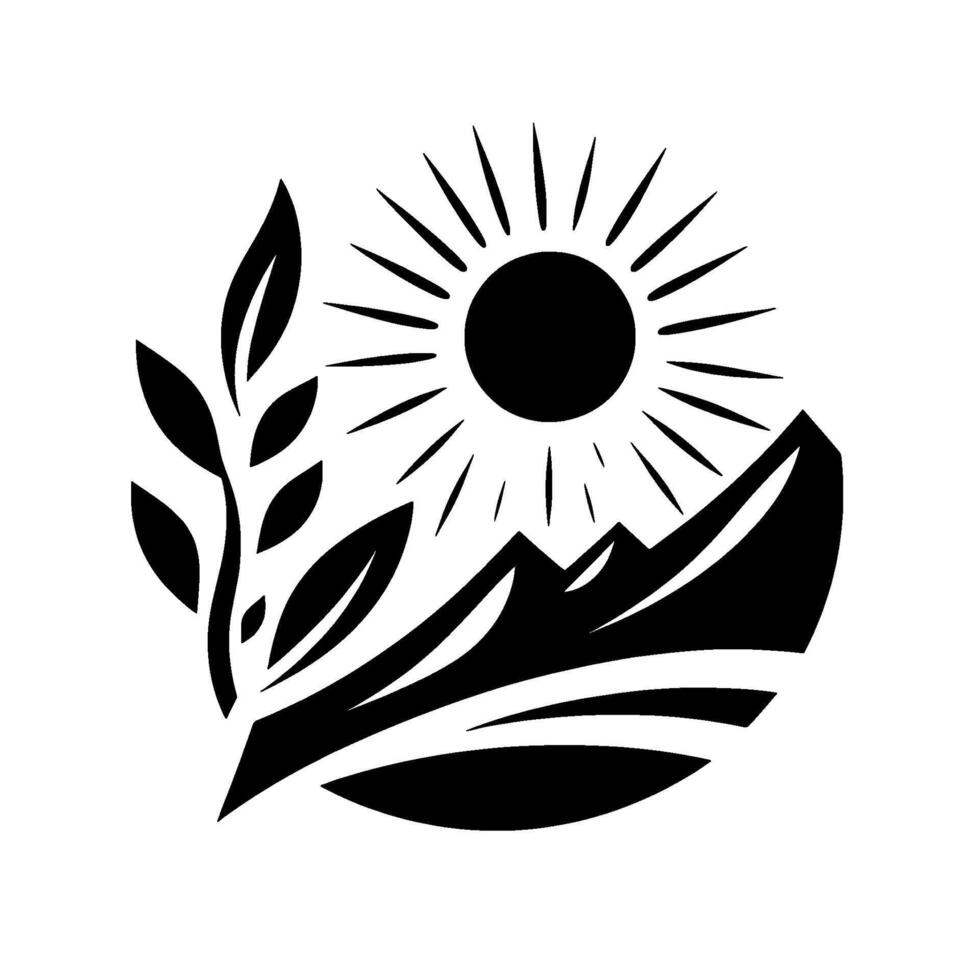 Minimalist monochromatic illustration showcasing a sun with rays, stylized mountains, and leafy branch, evoking natures serenity. vector