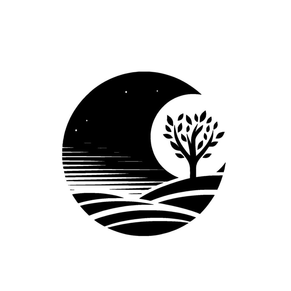 Symbolic Black and White Silhouette Crescent moon cradling a solitary tree on rolling hills under a starry night sky. vector