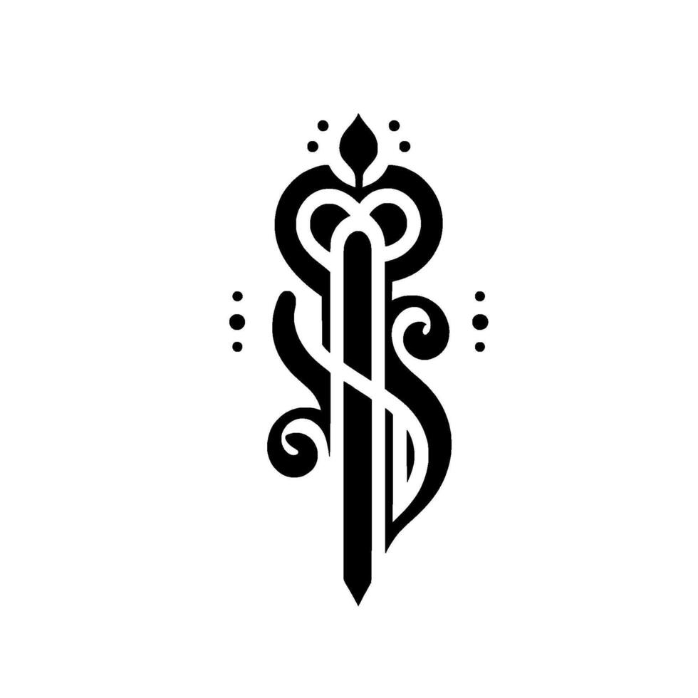 Monochromatic Abstract Key A symmetrical black glyph, resembling a stylized key with ornate swirls, floral accents, and dot clusters, set against a plain white background. vector