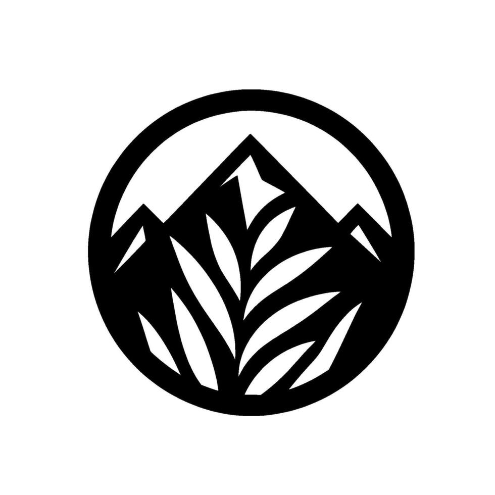 Monochromatic minimalist featuring mountain peaks and stylized leaves within a circular frame, evoking nature and tranquility. vector