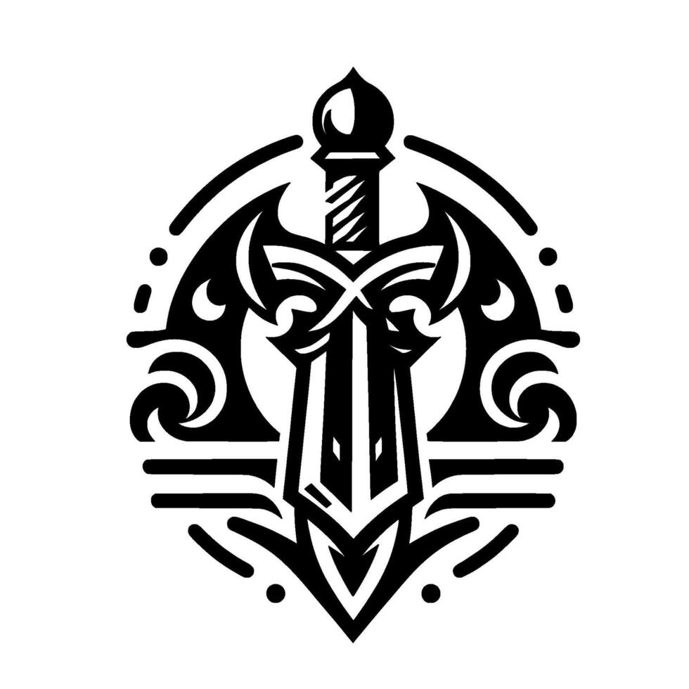 Ornate Black and White Sword Emblem, a Stylized Crest, Featuring Intricate Decorative Elements and a Symbolic on White. vector