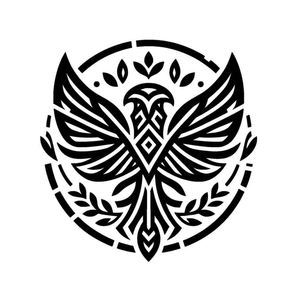 Ornate Black and White Stylized Eagle Within a Circle, Featuring Geometric Wings, Leaves, and Symmetry. vector