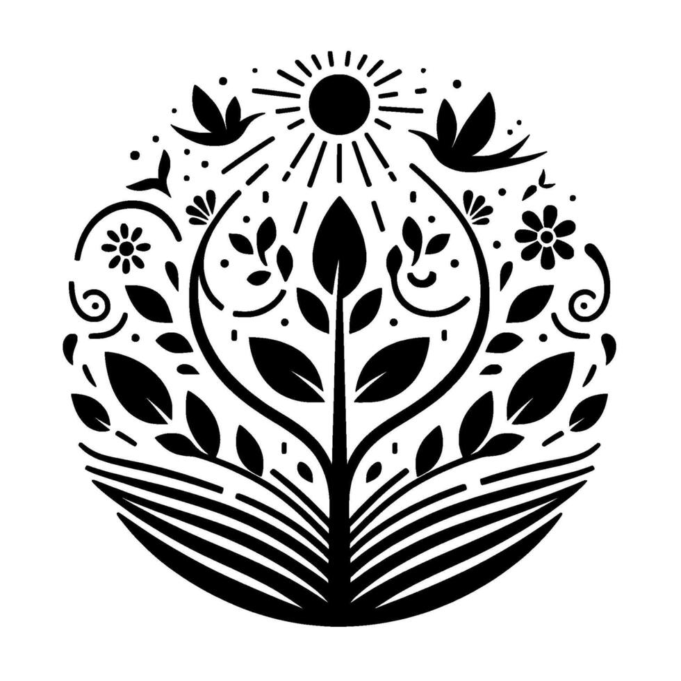 Circular Black and White Illustration of a Flourishing Tree with Birds, Sun, and Floral Elements, Symbolic of Growth Nature. vector