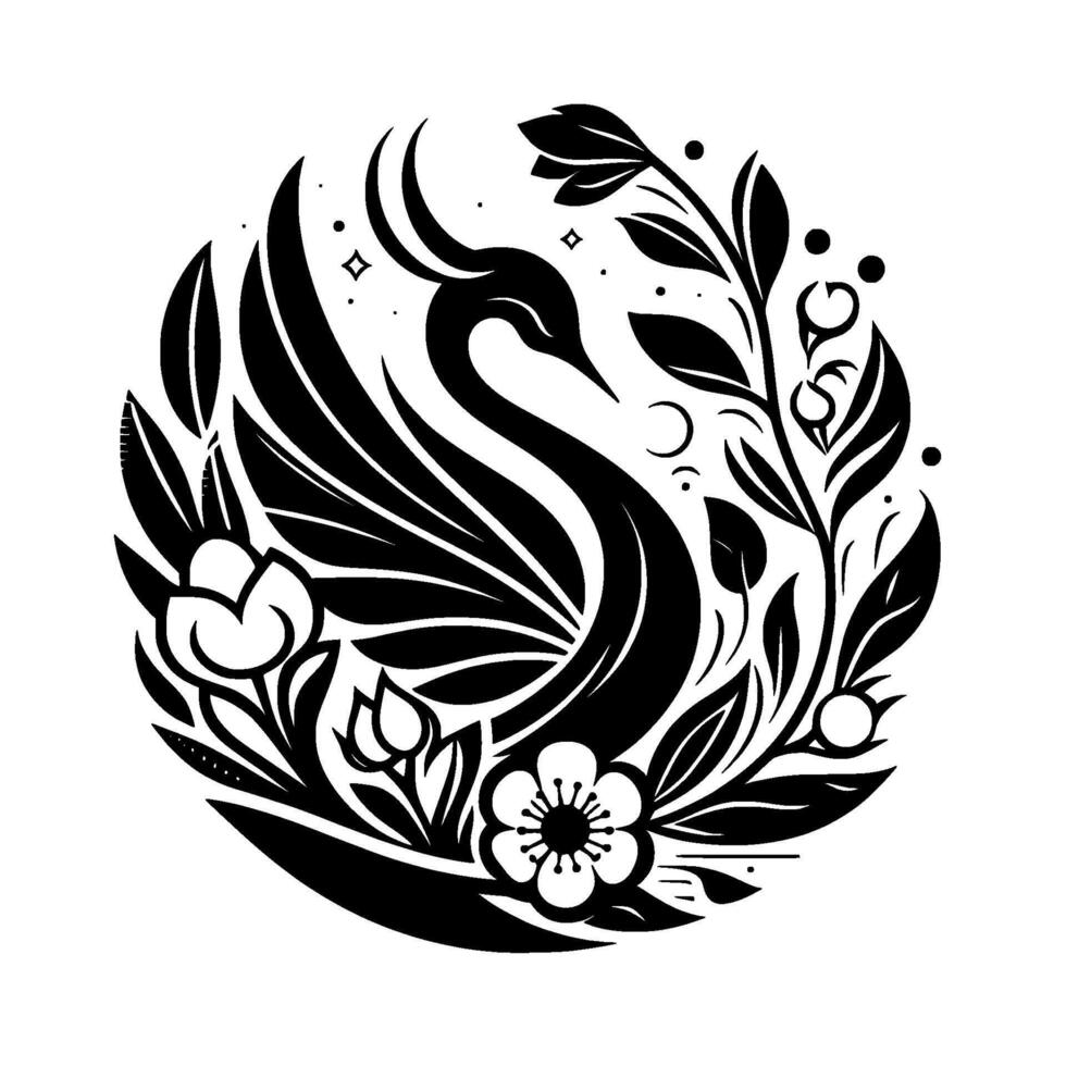 Elegant Black and White Circular Illustration Featuring a Swan Amidst Floral and Foliage Embellishments, Symbolic of Grace and Harmony. vector