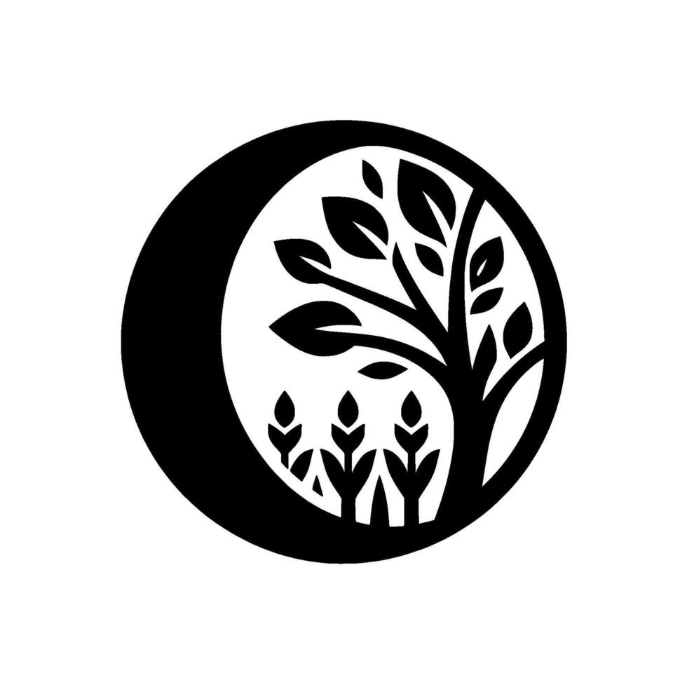 Minimalist monochrome emblem featuring a stylized tree and plants within a circular frame against a white background. vector