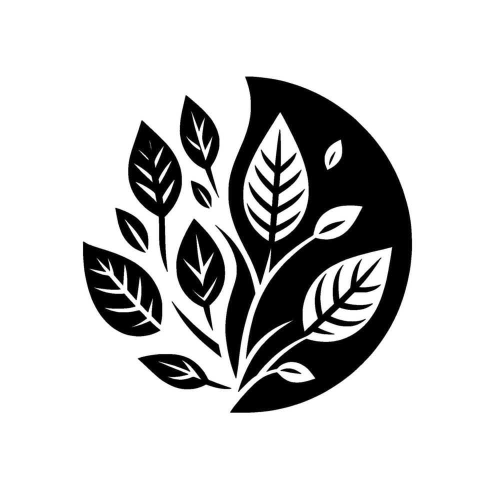 A stylized black and white leaf cluster emanating from a dark circular form, showcasing minimalist botanical with intricate vein patterns. vector