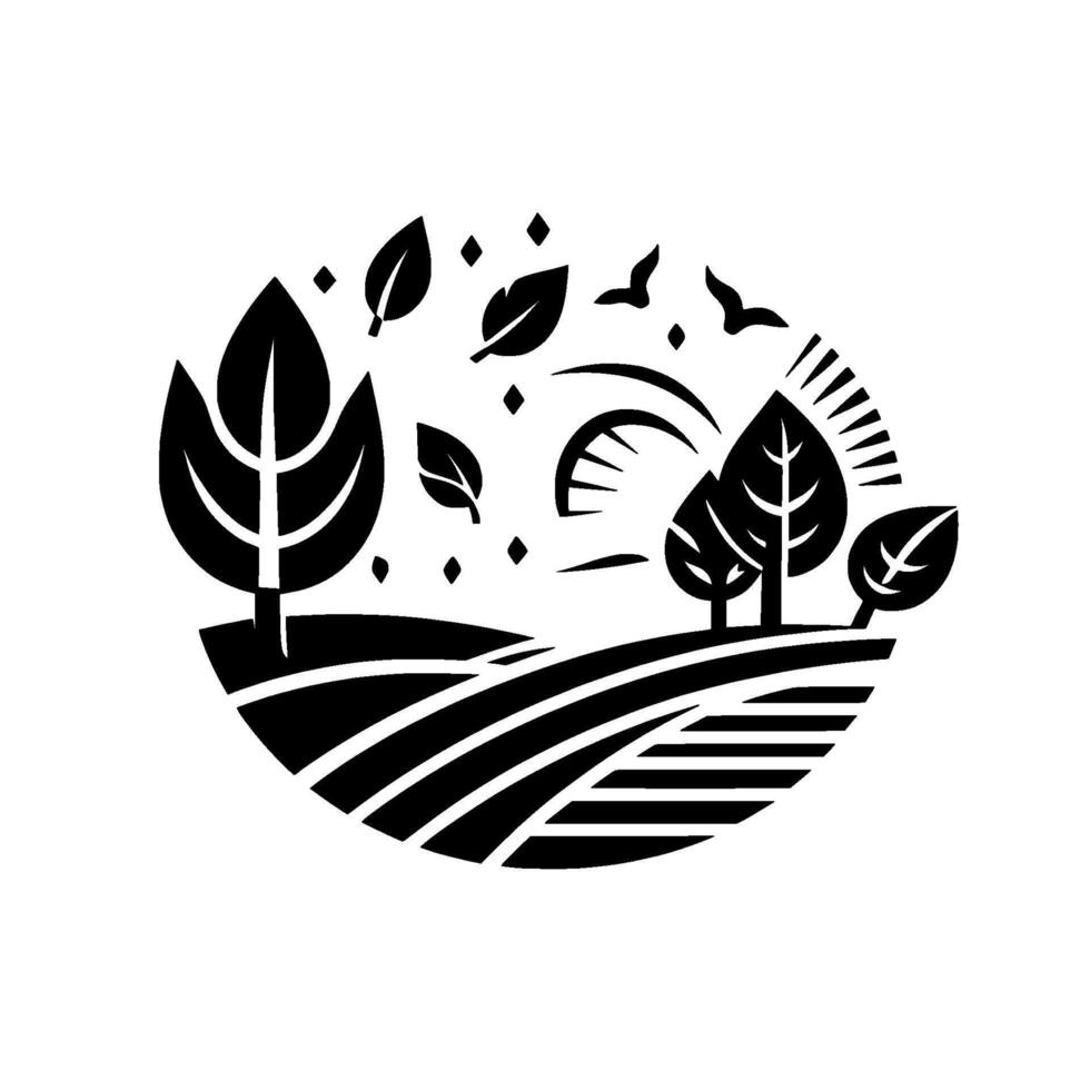 Black and White Stylized Nature Scene Field with Trees, Sun, Leaves, and Birds in a Circular Composition. vector