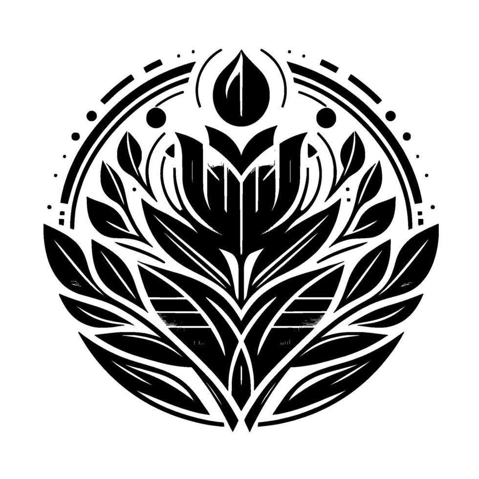 Intricate black and white floral mandala featuring stylized leaves, petals, and geometric accents, set against a pristine white background, showcasing a modern and elegant aesthetic. vector