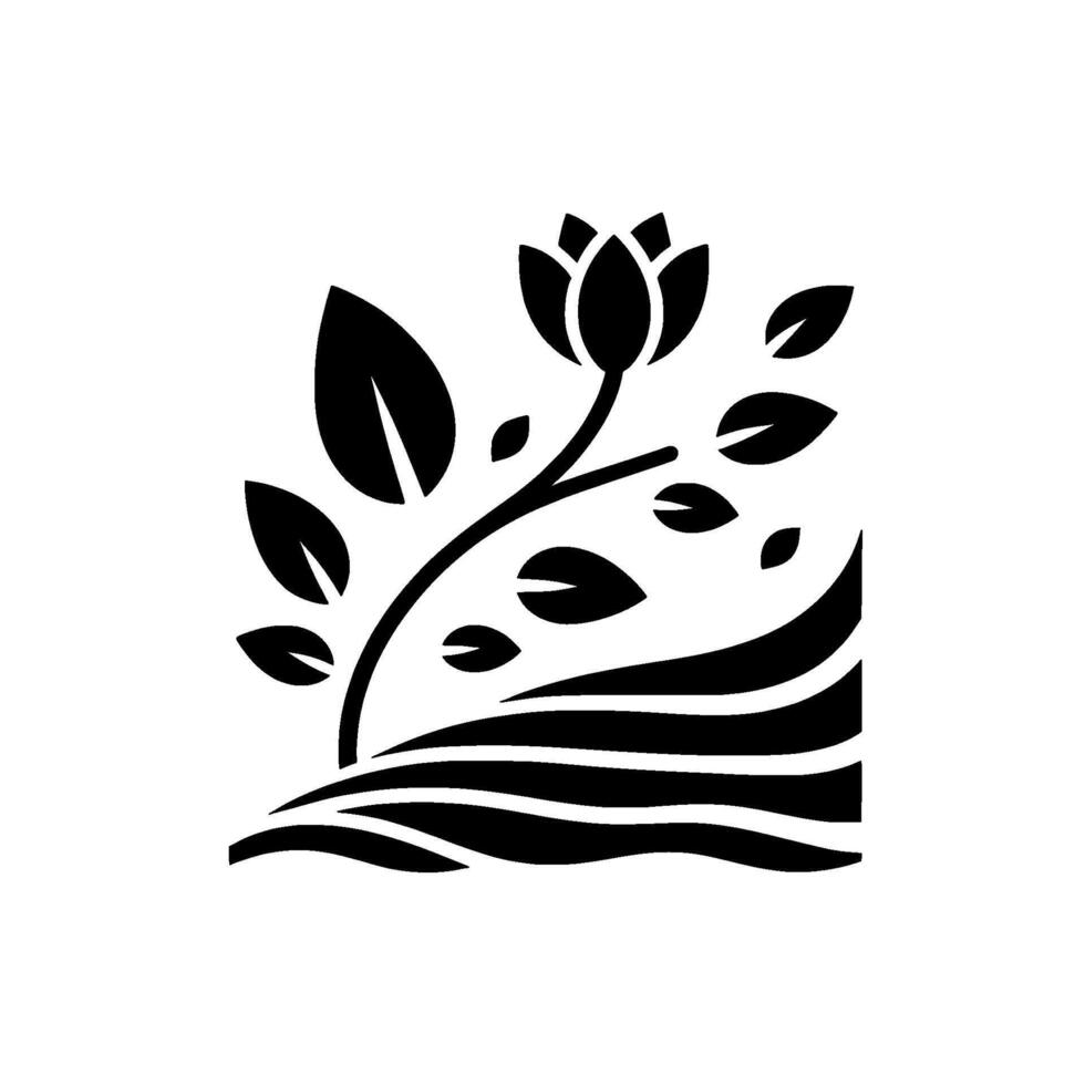 A minimalist black and white floral illustration featuring a stylized lotus flower with surrounding leaves and aquaticthemed details. vector