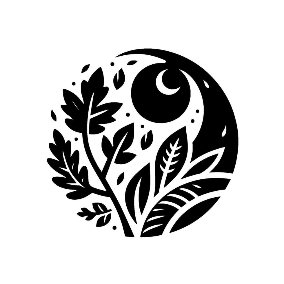 A black and white illustration depicting a stylized, circular composition of foliage, leaves, and a crescent moon, evoking a serene and natural aesthetic. vector