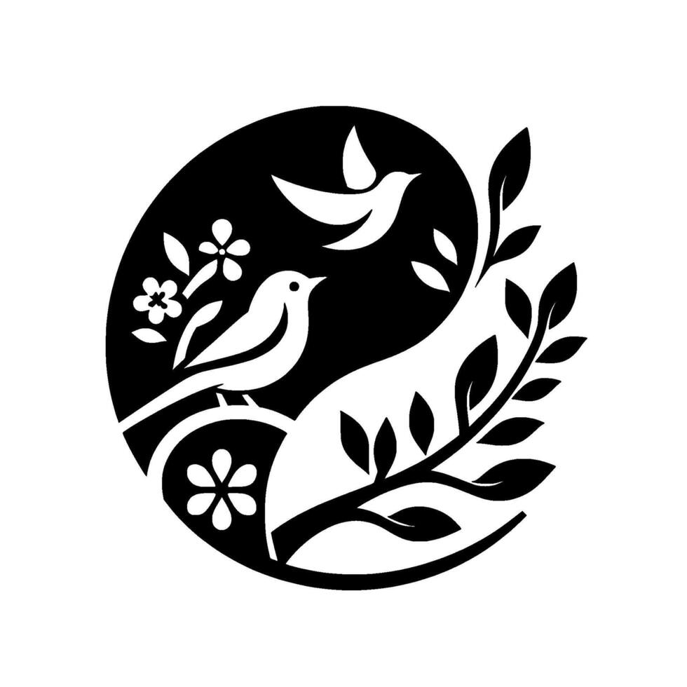 Yin Yang Bird Silhouette Black White Harmony, Symbolic Composition with Birds, Flowers, Leaves. vector