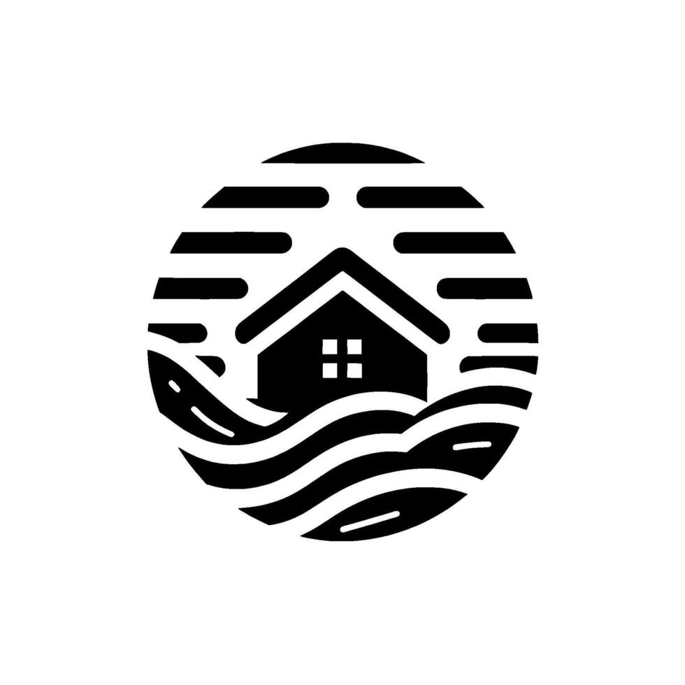 Monochrome house within a circle, with waves below and horizontal lines above symbolizing landscape. vector
