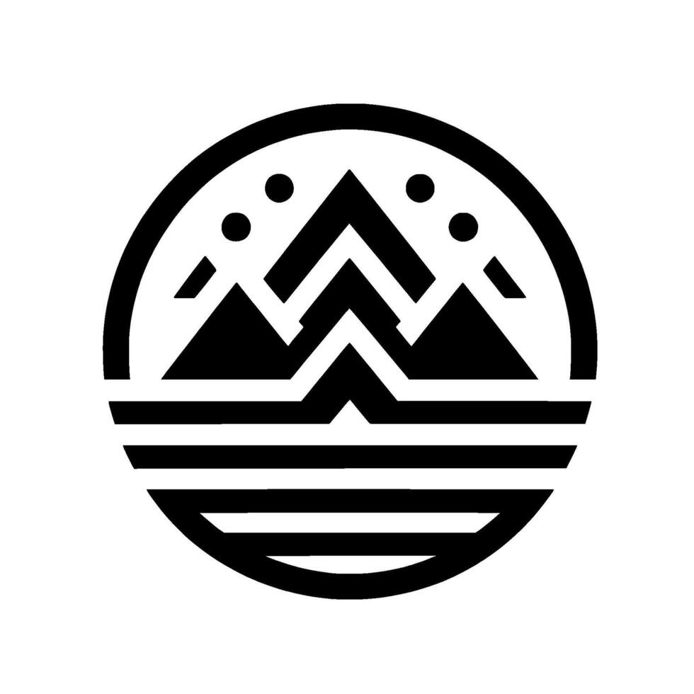 Circular minimalist featuring stylized mountain peaks with dot details, and horizontal stripes below, isolated on white. vector