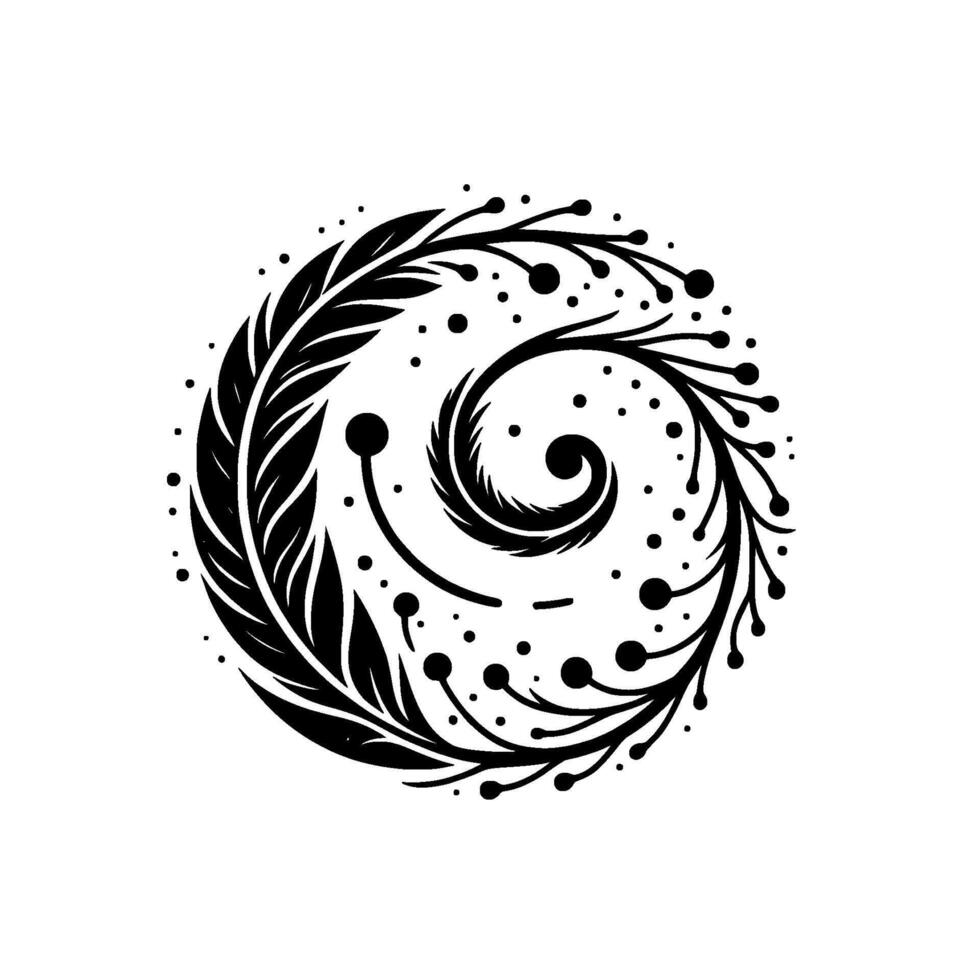 Elegant black and white floral swirl illustration featuring leaves, berries, and a central spiral element, evoking a sense of organic beauty and harmony. vector