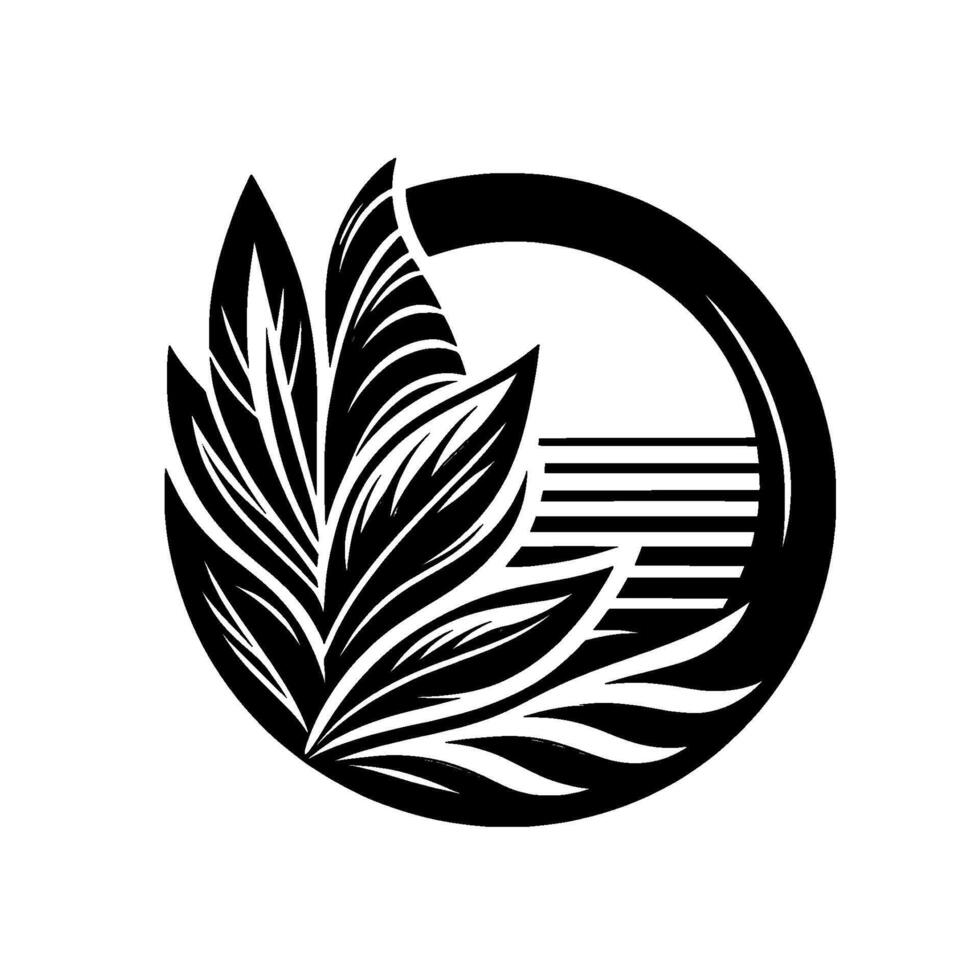 A stylized, minimalist botanical illustration, featuring symmetrical leaflike forms and horizontal lines within a circle, rendered in bold black and white. vector