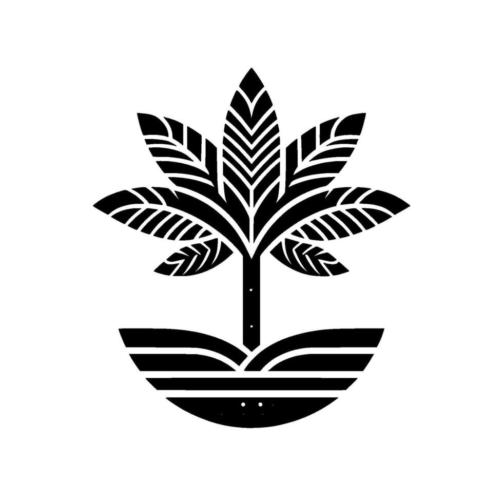 Stylized Black and White Botanical Illustration A Symmetrical Plant Rising from a Rounded Base with Detailed Leaf Veins vector