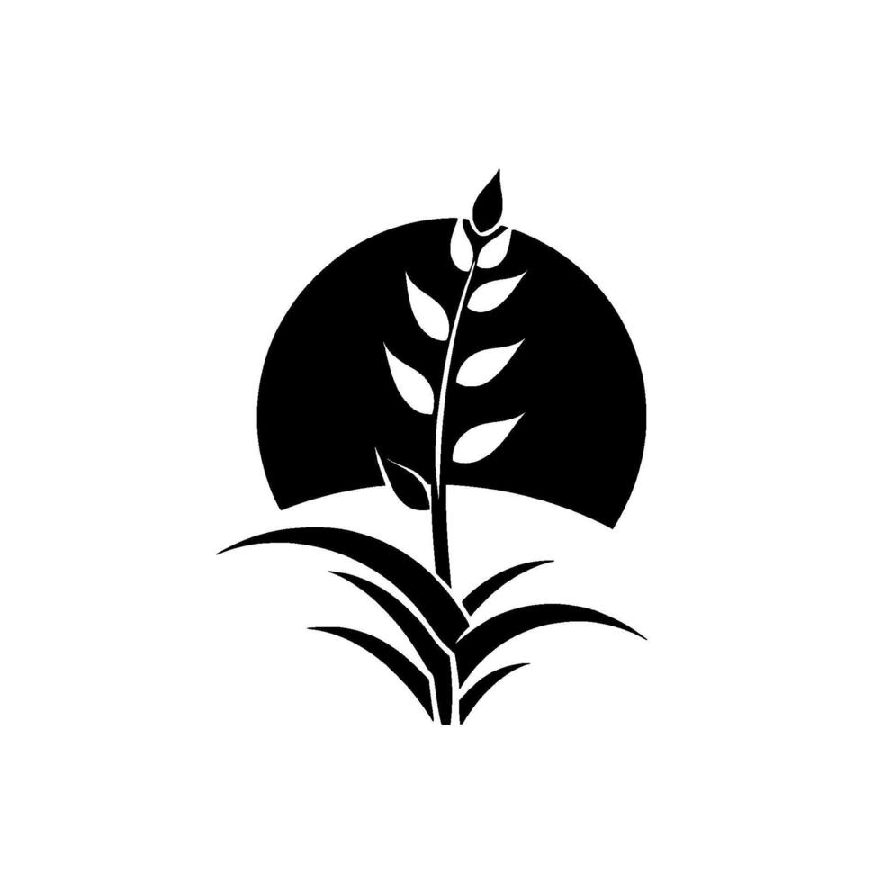 A minimalist black and white illustration of a stylized wheat stalk in front of a dark sun, set against a white canvas. vector