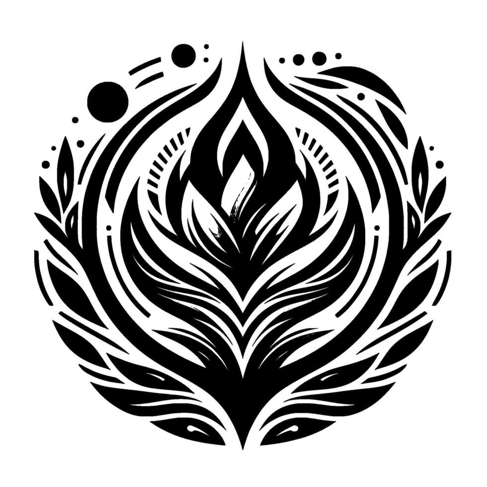 A symmetrical, black and white illustration of a stylized floral emblem, composed of intricate leaflike elements and geometric forms, surrounded by a circular frame. vector