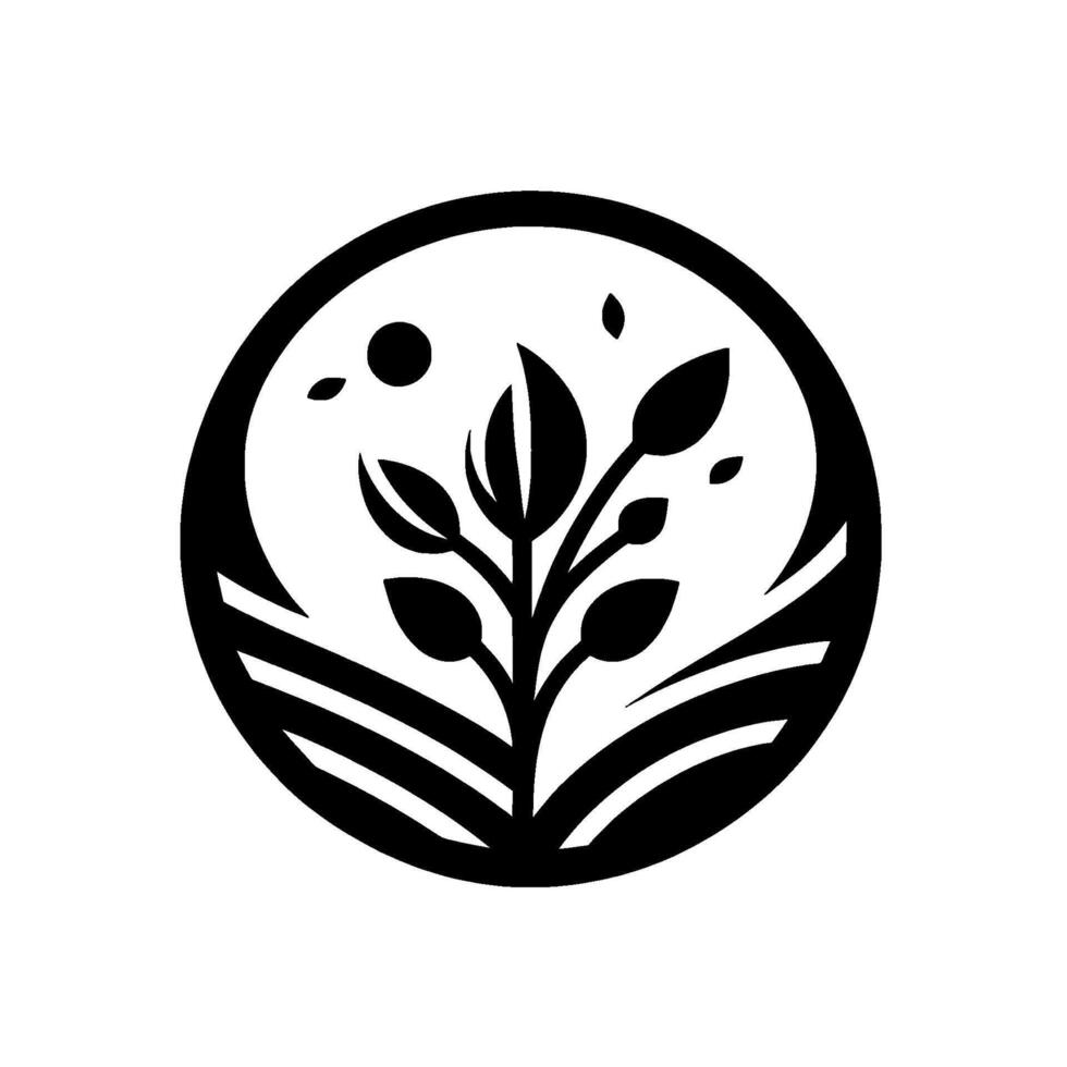A Minimalist Black and White Circular Depicting a Plant Growing Above Striped Terrain Under a Simple Sun and Falling Leaves. vector