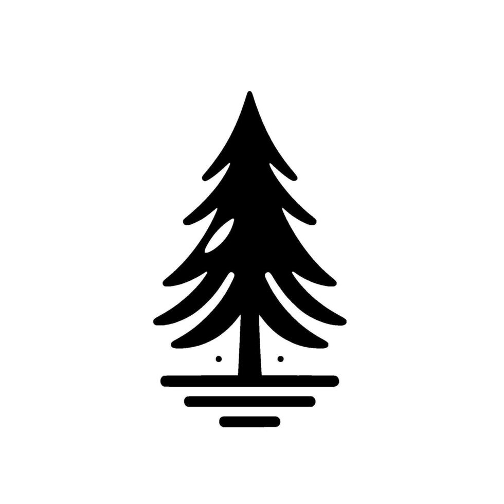 Stylized Black Fir Tree Silhouette Over Simple Horizontal Lines on a Pure White Background. Minimalist . vector