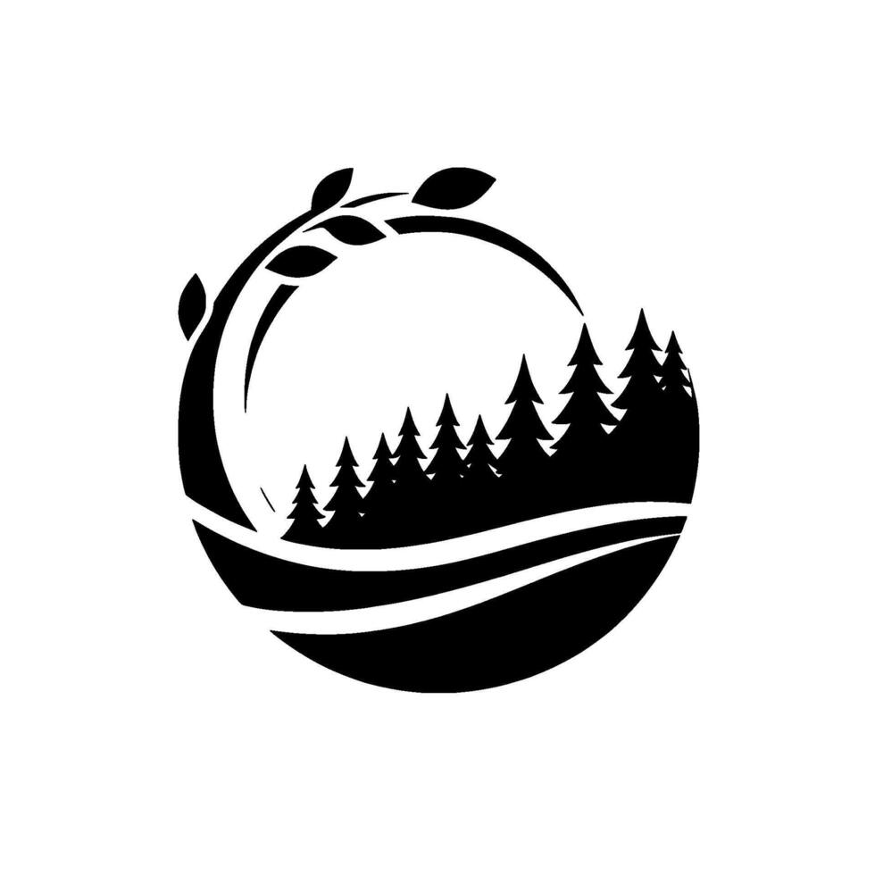 A stylized black and white depicting a forest scene within a circle, framed by a branch with leaves, evoking nature and serenity. vector