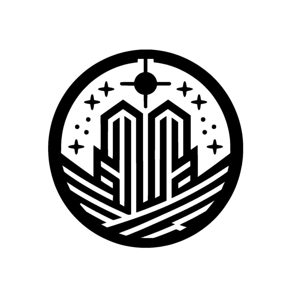 A stylized, circular emblem featuring two central, vertical structures that resemble skyscrapers, framed by a circular border, and accentuated by stars, dots and a stylized sunlike element at the top vector