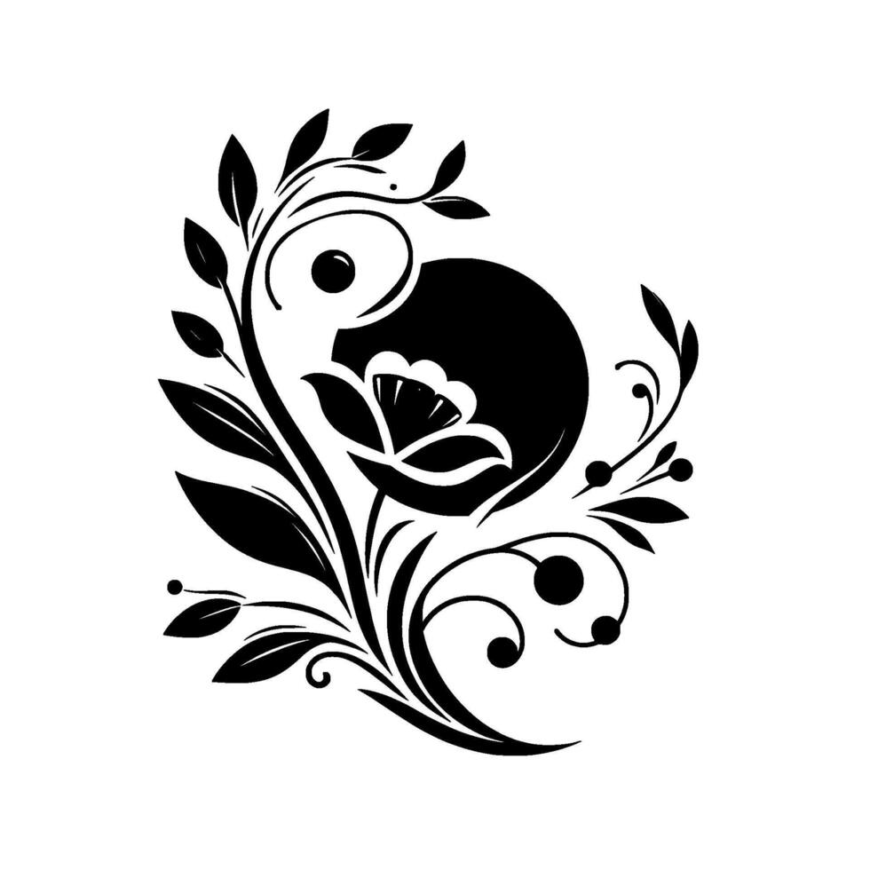 A symmetrical black and white floral , featuring a stylized flower within a dark circle, framed by leaves and swirling vines, conveying elegance. vector