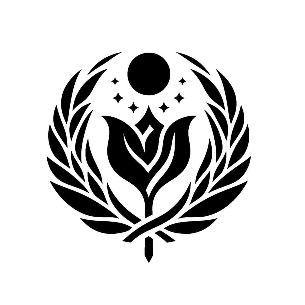 A symmetrical black and white emblem featuring a stylized flower, encircled by a laurel wreath, and topped with a sun and star motif against a stark white backdrop. vector