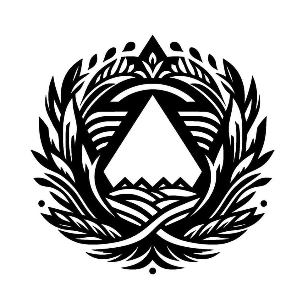 Intricate Black and White Circular Emblem with Triangle, Laurel Wreath, Mountainscape, and Ornamental Floral Elements. vector