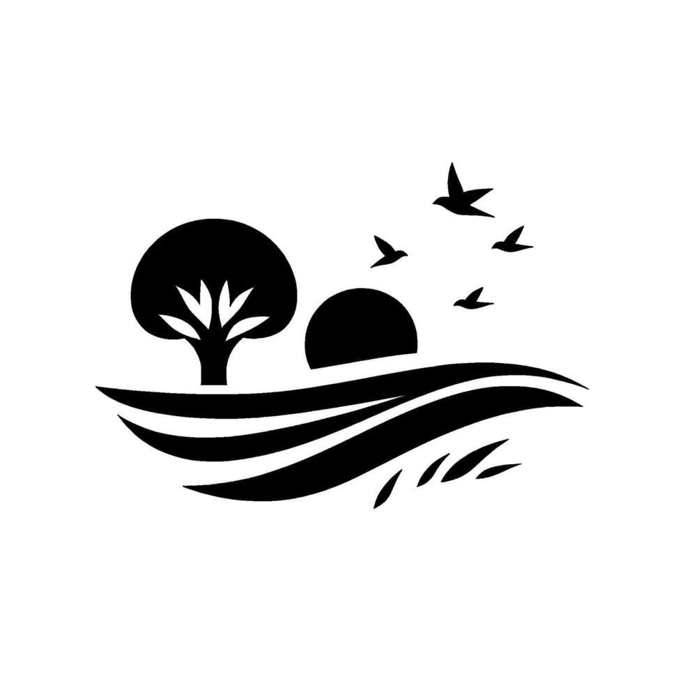 Minimalist black and white landscape silhouette stylized tree, sun, flowing water, and birds in flight, evoking peace. vector