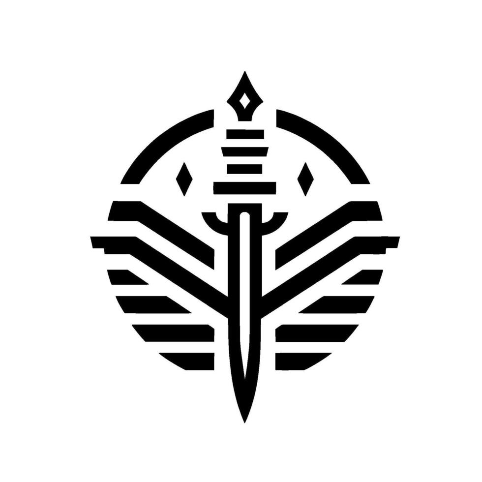 Abstract monochrome emblem featuring a stylized sword piercing a circular with horizontal stripes and diamond accents, conveying strength and artistry. vector