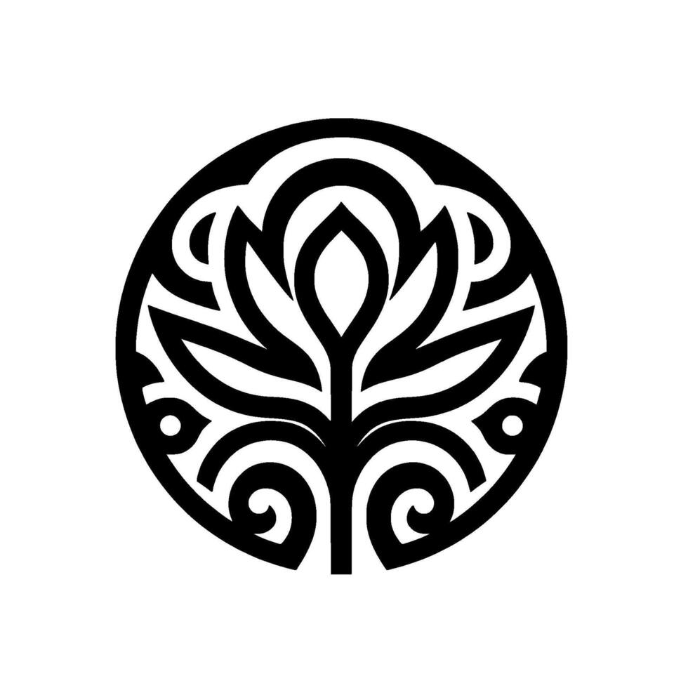 Black and white symmetrical floral emblem within a circle, resembling a stylized tree with a blossoming flower, organic, and intricate. vector