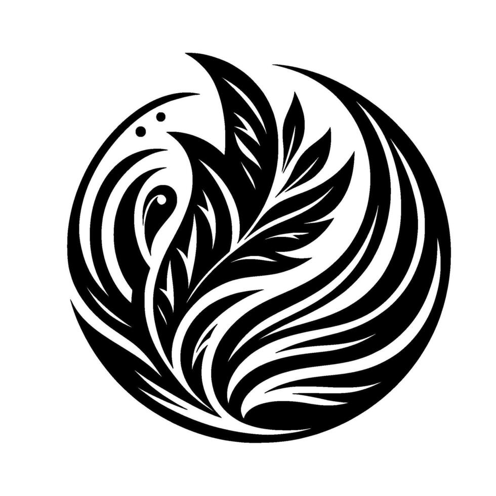 Circular Black White Floral Tattoo with Bird Silhouette Serene and Minimalist on White Background. vector