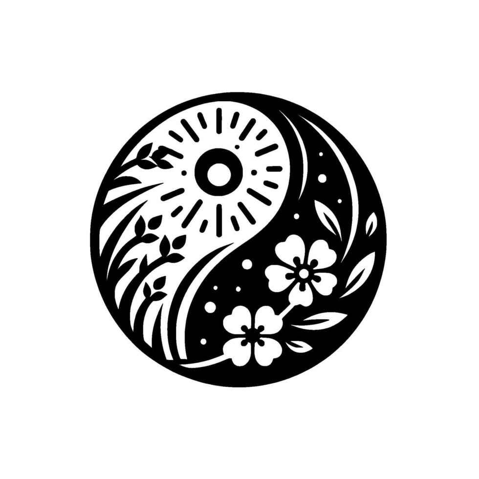 YinYang Floral Harmony A stylized blackandwhite illustration merging natural elements like sun, leaves, and blossoms within a circular symbol, representing balance. vector
