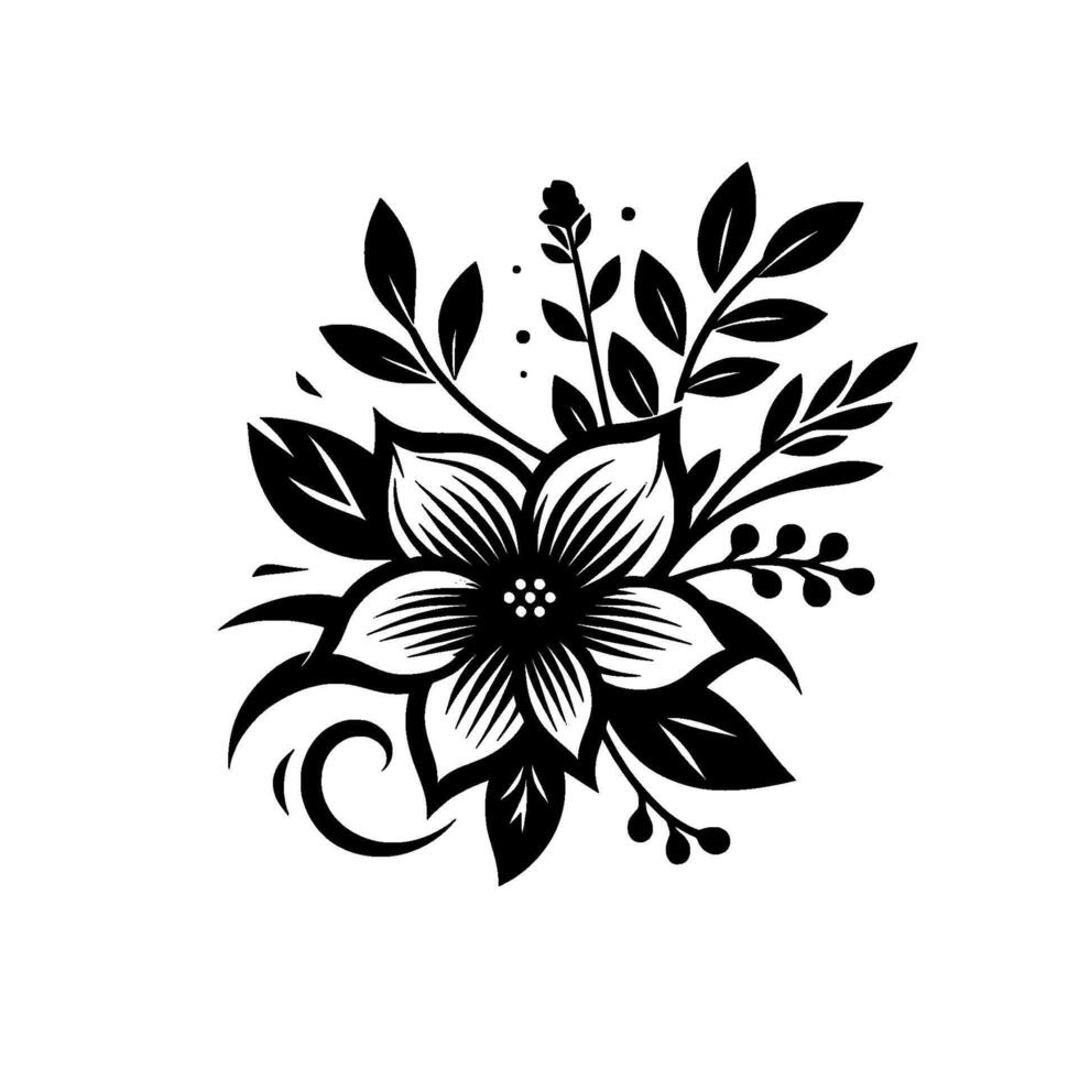 Elegant floral , stylized black and white illustration featuring a detailed flower with radiating petals surrounded by leaves, sprigs, and embellishments on a clean white background. vector