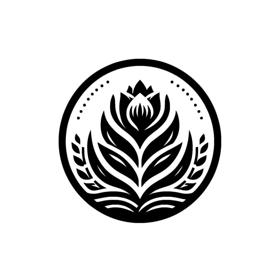 Elegant black and white botanical illustration, a stylized lotus flower emblem, framed in a circle, with dotted embellishments, all on a stark white background. vector