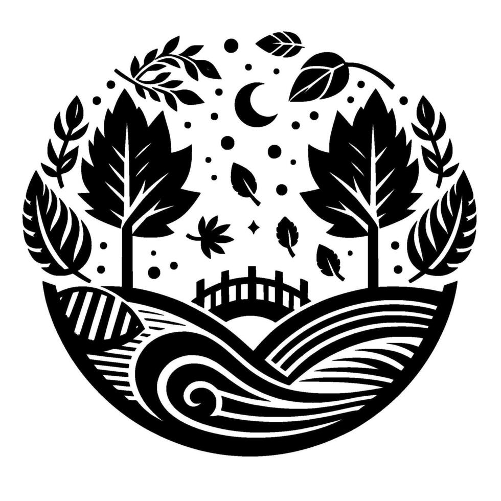 A stylized black and white circular illustration, featuring two trees, bridge, water, leaves and crescent moon, creating a tranquil nature scene. vector