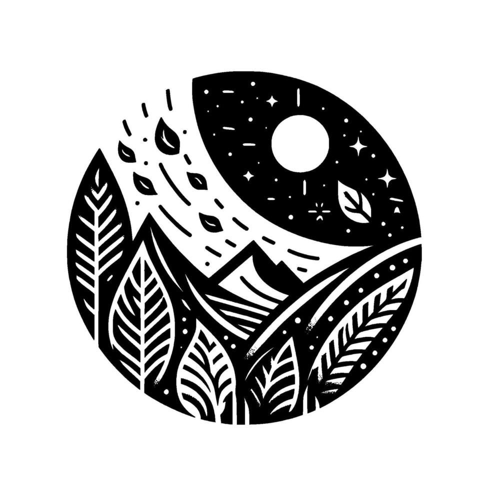 A stylized black and white circular illustration featuring a mountain landscape merging into a night sky with a moon, falling leaves, and abundant plant life. vector