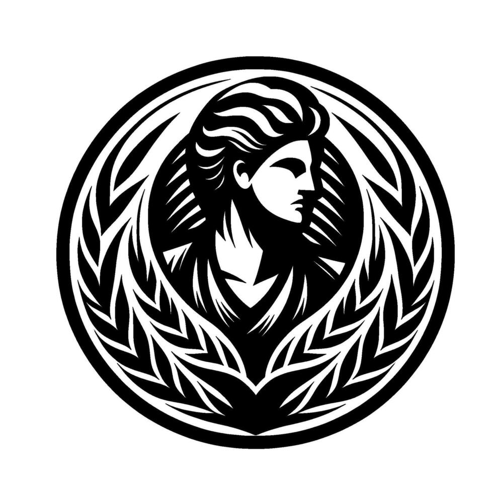 Stylized Black White Portrait of a Woman with Laurel Wreath Circle, Evoking Classical Imagery Refined Aesthetics. vector