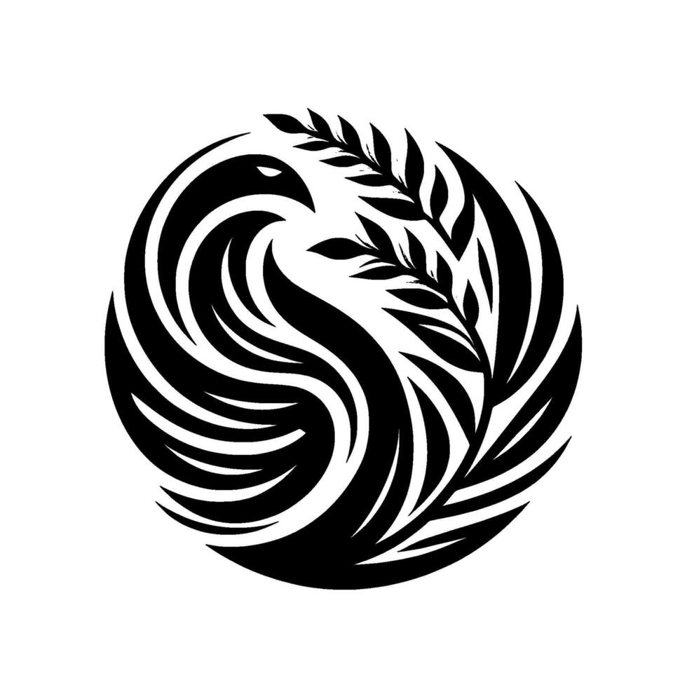 A minimalist, circular emblem depicting a stylized bird with swirling feathers and a sprig of foliage, rendered in bold black and white. vector