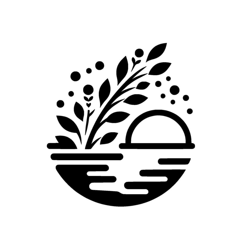 A Minimalist Black and White Depicting Plants Rising Above Water with a Sun Symbol vector